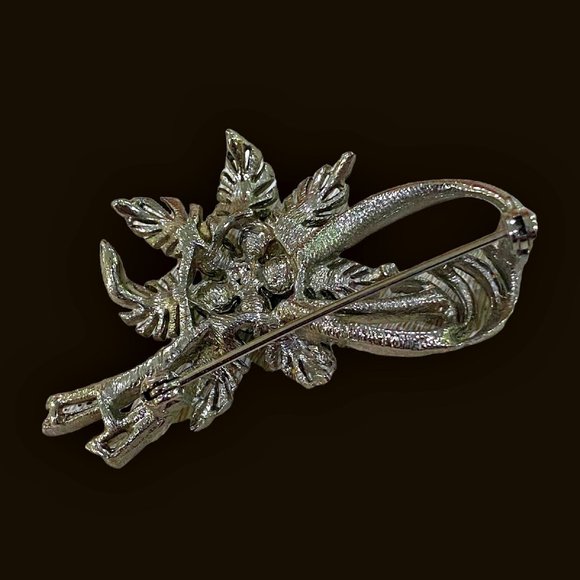 Vintage Rhinestone Brooch Bow Flower Silver-tone 6 Blue & Green Stones 2 Inch - Picture 5 of 8